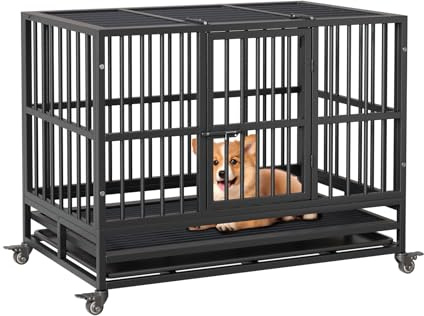 Garvee Jaula para Perros de Metal Pesado con Ruedas de 94cm, Perrera de Acero con Doble Puerta y Bandeja Extraíble, Parque para Mascotas Resistente y Seguro para Uso en Interiores y Exteriores, Negro