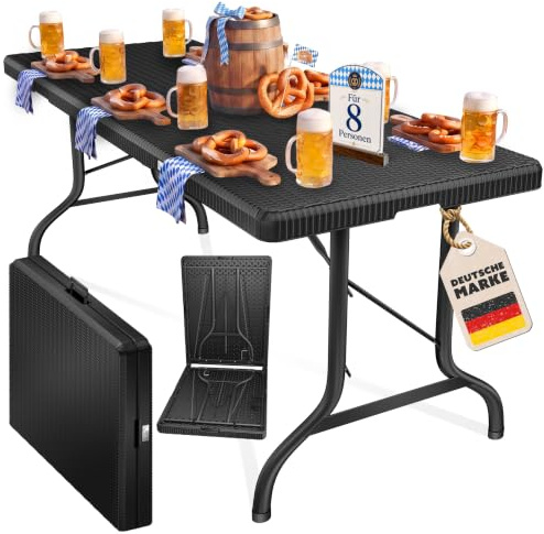 KESSER® Buffettisch Tisch klappbar Kunststoff 183x76cm Rattan Optik Campingtisch Partytisch Klapptisch Gartentisch 6 Personen Garten Terrasse & Balkon zusammenklappbar inkl. Tragegriff Schwarz