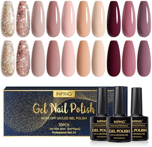 INPING Gel Nail Polish, Nude Brown 10 Colors UV LED Nail Varnish 8ML | Spring Summer Fall Winter Polish for Women Nail Art Manicure Salon Easy To Apply Christmas Halloween
