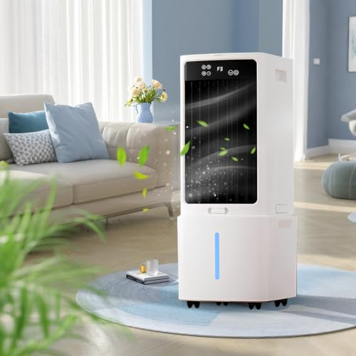 Enfriador de Aire Portátil, Ventilador 12L con Agua 6 Bloques Hielo, Doble Tanque 12L, Temporizador Apagado 12H, para Dormitorio Salón, Temporizador 12H (288x260x615mm)
