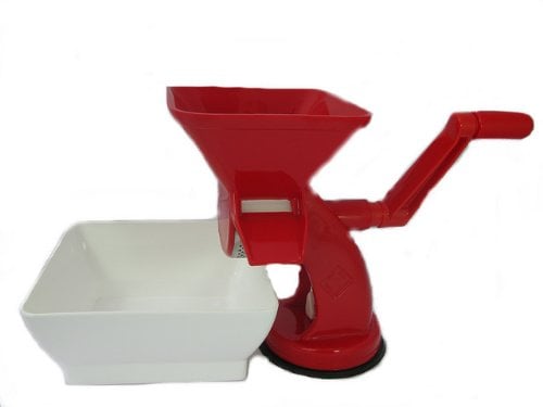 Rigamonti Passapomodoro manuale spremi pomodori per salsa di pomodoro fatta in casa. Con griglia in acciaio inox, ventosa in gomma e vaschetta. Macchina smontabile. Uso casalingo e fai da te.