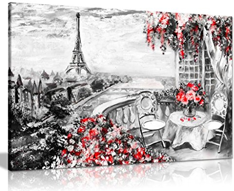 Abstract Floral Summer Cafe Paris Black & White Red Canvas Wall Art Picture Print (18x12)