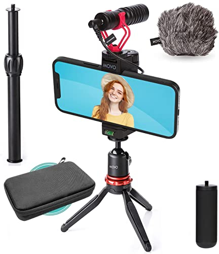 Movo VXR10+ Smartphone Video Rig with Mini Tripod, Phone Grip, and Video Microphone Compatible with iPhone 13, 12, 11, 11 Pro, XS, XR, X, 8, 7, and Android - for YouTube, Tik Tok, Filming, Vlogging