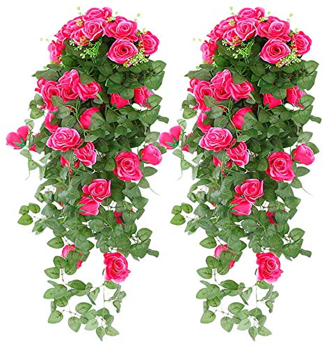 Adisputent Artificial Flowers Basket Wisteria Vine Fake Flowers Hanging Plant Wall Home Balcony Basket Decor Pack of 2 (Rose Rose)