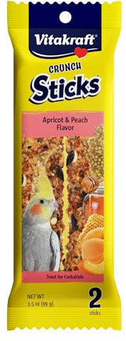 Vitakraft Crunch Sticks Cockatiel Treat Apricot Peach Flavor - Triple Baked Long Lasting Bird Treats with Natural Wood Chew Center for Beak Health and Enrichment - 3.5 oz.