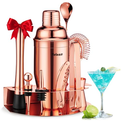Velaze Cocktail Shaker Set,10 Pieces Stainless Steel Bar Tools - Bottle Opener, Pour Spouts,Measuring Jigger and Wine Stopper, Champagne Martini Shaker Sets (Rose Gold)