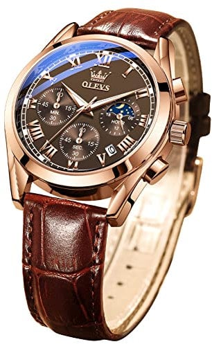 OLEVS Men Watch Leather Strap Moon Phase Casual Classic Analog Quartz Calendar 3ATM Waterproof Luminous Men Wrist Watches