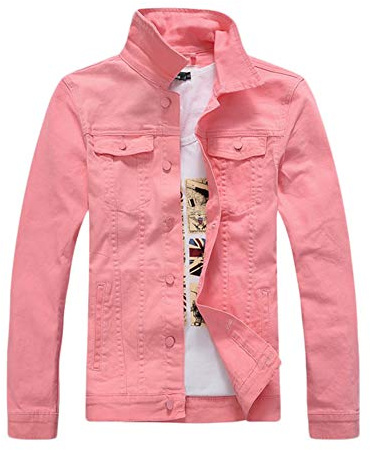 Slim Blouson en Jean Homme Chemise en Denim Jeans à La Mode avec Manches Longues Veste en Jean Denim Jacket Veste Printemps Automne,Rose,M