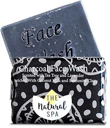 Detoxifying Charcoal Face Wash Bar, Facial Cleanser with Activated Charcoal, Charcoal Soap with Coconut Milk & Bentonite Clay, Scented with Tea Tree & Lavender Essential Oils, 75g - The Natural Spa