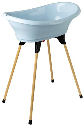 THERMOBABY - Kit de bañera para bebé, diseño de vasco, base de madera y manguera de drenaje, innovación patentada, plegable y estable, puede acoger una tumbona de baño, fabricado en Francia, flor azul