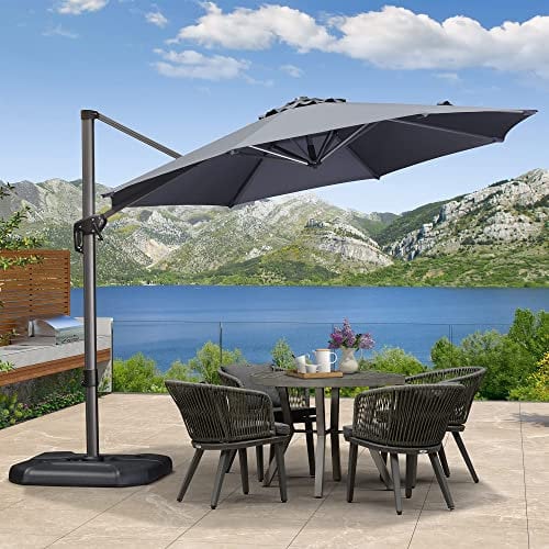 PURPLE LEAF 3 M Round Garden Cantilever Parasol, Large Square Patio Umbrella with Crank Handle and Tilt for Balcony and Outdoor, Grey
