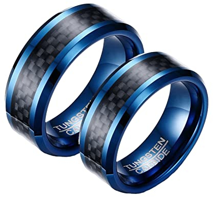 ANAZOZ 2 Stück Eheringe Paarpreis Wolfram 8mm Kohlefaser Bicolor Poliert Partnerringe Trauringe Partnerringe Set Frauen Schwarz Blau Ringe Set Goth Frau:54 (17.2) & Mann:54 (17.2)