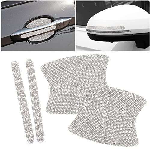 10pcs Car Rhinestone Bling Door Handle Reflective Trim Stickers Protective Film Strips Set, Universal Side Rear View Mirror Safety Scratch Resistant Protector Cover Car Accessories