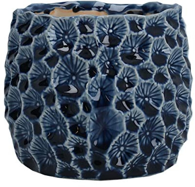 Gisela Graham navy blue ceramic crater texture plant pot cover -medium 14 cm