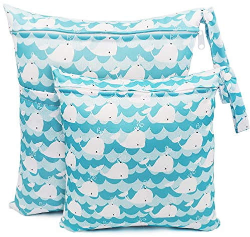 FenFang Wetbag Kindergarten, 2 Stück Nasstaschen Windeltasche Stoffwindeln Nassbeutel Organiser Beutel Wickeltasche Taschen Wasserdicht Wiederverwendbar (Blauwal)