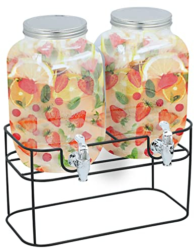 Taylor & Brown 2 x 4L Drinks Dispenser Beverage Mason Jar Home Outdoor Picnic BBQ Parties with Tap Mug Jar Summer Party Glass Bottles with Stand