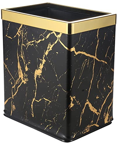QLHIBLY Metal Recycling Waste Paper Bin with Leather Cover, 10L Double Layer Bin for Bedroom, Bathroom, Kitchen, Office, High Class Hotel (Black and Gold Marble)