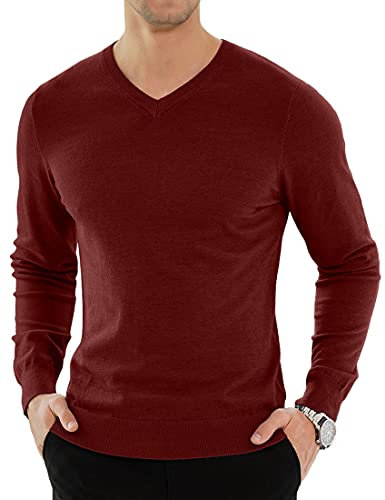 KUYIGO Hombres Llano V-Cuello Jersey de Punto Casual de Manga Larga suéter Jersey Superior de Trabajo de Oficina Profesional Inteligente XL Vino Tinto
