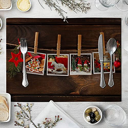 AmDxD Tischmatten 2Pcs Set, Weihnachten Foto Tischuntersetzer aus Baumwolle Leinen, Abgrifffeste Hitzebeständig Platz-Matten für Zuhause Restaurant Speisetisch, 32x42cm, Braun Rot Grün