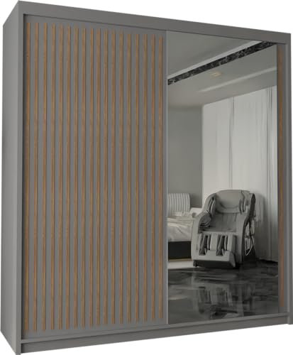 Modern Double Sliding Door Wardrobe 2 Mirrored Hanging Rails & Shelves Storage Cabinet for Bedroom (Royal Grey, 203cm)