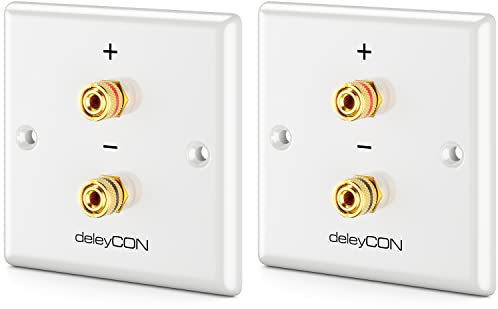 deleyCON 2 Pièces Prise Murale Multimédia Raccordement Haut-Parleurs Enceintes Plaque Murale avec Prises Banane pour 1 Haut-Parleur (Rouge/Noir) - Hifi Surround Sound System Home Cinéma Set de 2