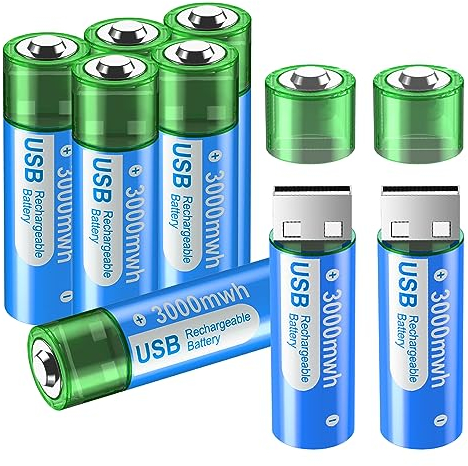 Pilas AA Recargables por USB, 3000 mWh/Litio, 8 Unidades, 1,5 V, Ion de Litio, Pilas AARecargables, Alta Capacidad, Recargables, Pilas AA de Carga Rápida