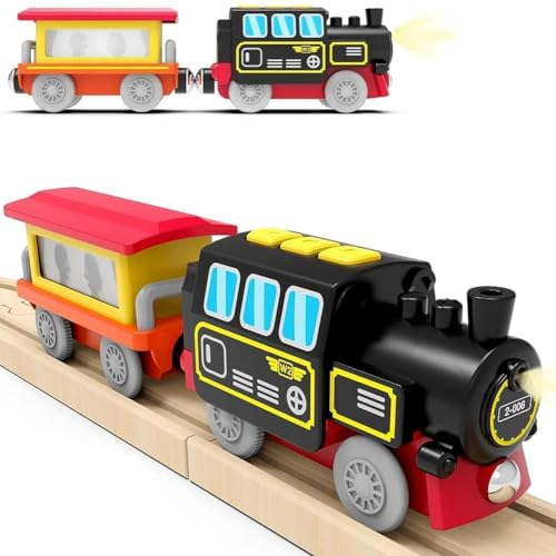 Batteriebetriebenes Lokomotivzug-Set für Holzschienen, Leistungsstarke Lokomotivzugfahrzeuge, Kleinkinderzug Elektrofahrzeuge mit Lichtern und Geräuschen, Kompatibel mit Thomas, Brio, Chuggington