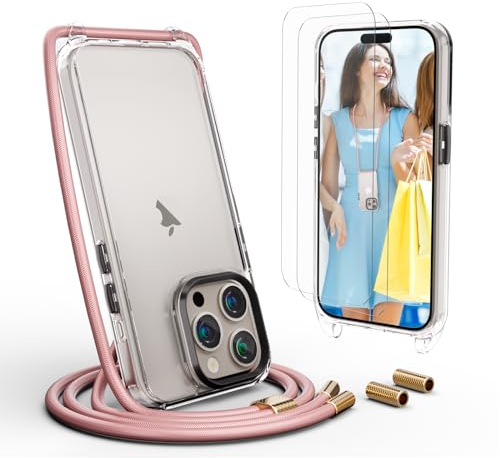 UYMO Handykette Hülle mit Band Für iPhone 15 Pro 6.1 -| mit 2 Stück Schutzfolie |, Necklace Transparent Handyhülle Case mit Strap Schnur Abnehmbar, Schutzhülle zum Umhängen Kordel, Roségold