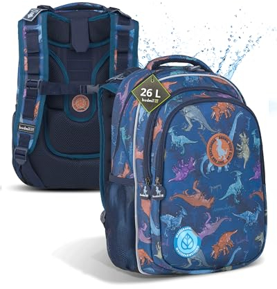 budmil Dino Schulranzen Jungen 1. Klasse 26L mit Brustgurt [leicht & ergonomisch] Schultasche Jungen ab Klasse 1. - wasserabweisend - Rucksack mit 3 Fächer & belüftete Rückseite - Balbea Dino