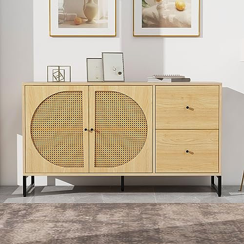 soges Anrichte Konsolentisch Sideboard Aufbewahrungsmöbel mit 2 Rattan-Türen und 2 Schubladen, Küchenschrank für Schlafzimmer, Wohnzimmer und Arbeitszimmer