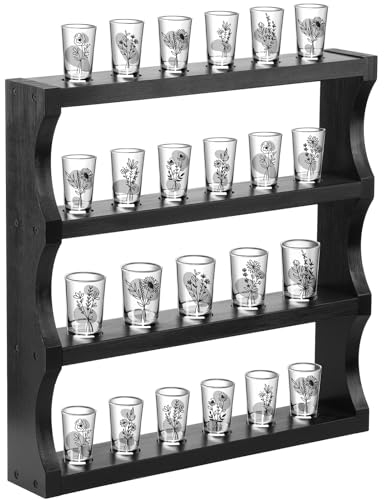 DoubleFill Wood Shot Glass Display Case Shot Glasses Holder Wall Floating Shelves Bar Collection Stand Collection Display Rack (Black)