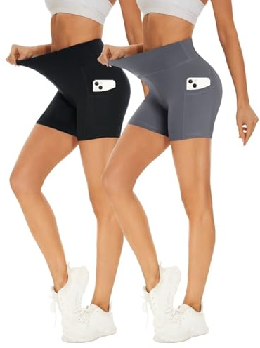 Missluck 2er Pack Radlerhose Damen Hohe Taille Kurze Sporthose Shorts Sommer Leggings Blickdicht Hotpants Unter Kleider für Yoga Sport, S-M, Schwarz/Dunkelgrau-mit Taschen