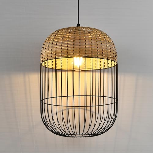 LQWELL® E27 Hängelampe Schwarz, Retro Pendellampe Hängeleuchte Vertigo Lampe Höhenverstellbare Kronleuchter Metall Rattan, für Wohnzimmer Schlafzimmer Esszimmer Cafés Studio Bartheke