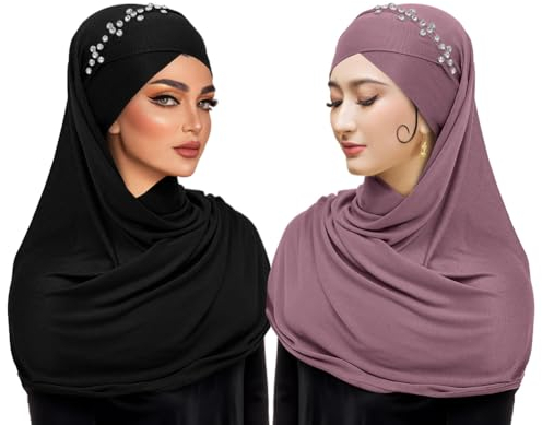 Rayiisuy 2-teiliges Set aus Jersey-Hijab, leicht, weich, einfarbig, sofortige Hijab-Schals und Wraps, muslimisches Stretch-Kopftuch, Schwarz 01, Violett 01, Einheitsgröße