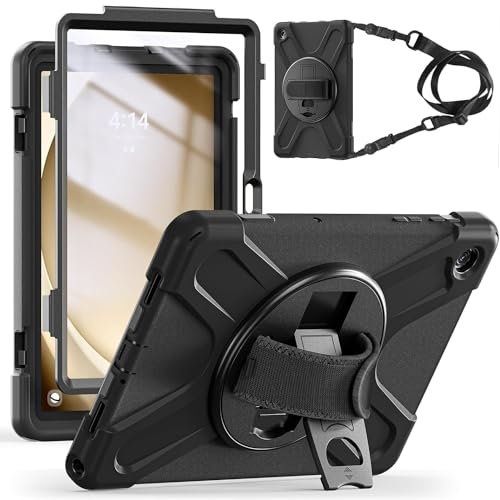Gerutek Cover per Samsung Galaxy Tab A9+/A9 Plus 11 Pollici con protezione dello schermo, Custodia Resistente con Supporto Rotante 360°/Cinghia a Mano/Spalla/Portapenne per Galaxy Tab A9 Plus, Nero