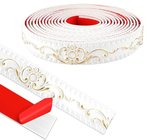 ZTVOWTO Wandleisten Selbstklebend, Deckenleisten Selbstklebend, 3D Deckenleisten Styropor füR Spiegelkanten, MöBel, TüRrahmen, Decken, Wohndekoration (Weiß mit Gold, 600cm*3.6cm)