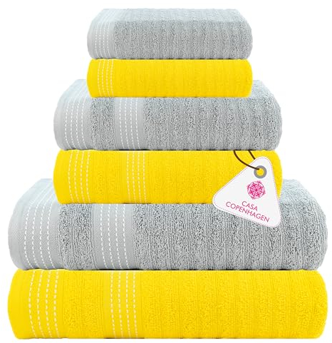 Casa Copenhagen Elegance 6-teiliges Handtuchset – Gelb - Grauviolett, 550 g/m², 2 Badetücher, 2 Handtücher, 2 Waschlappen aus weicher ägyptischer Baumwolle für Badezimmer, Küche und Dusche