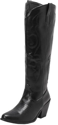 CUTEHEELS Stivali da cowboy/western, da donna, vintage, al ginocchio, con tacco grosso, Nero , 45 EU
