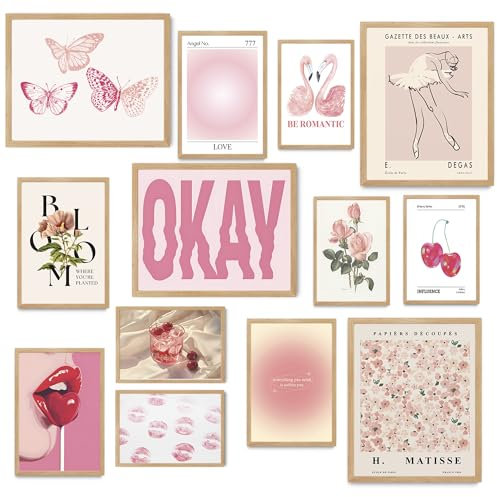 Fardes Coquette – Lot de 13 affiches murales roses pour décoration murale de chambre à coucher, adolescentes, filles