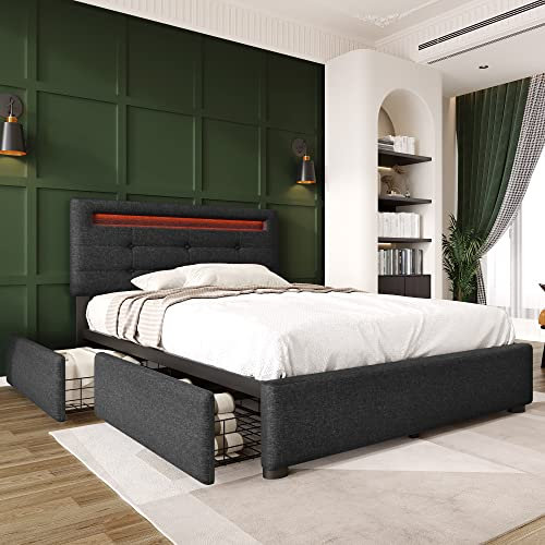 Bett 90x200 mit LED und 2 Schubladen, Polsterbett 90x200cm mit Höhenverstellbarem Kopfteil, Einzelbett mit Stauraum und Lattenrost aus Holz, Stauraumbett Jugendbett Bettgestell -Grau