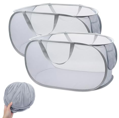 Faltbarer Wäschekorb, 2 Stück Pop up Wäschekorb Grau Wäschesammler Stoff Klappbar Laundry Baskets Aufbewahrungskorb mit Henkel Mesh Wäschetonne für Kinderzimmer Badezimmer
