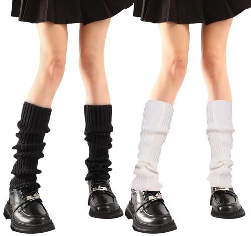 AJUNLKVDR 2 Pair Stulpen Damen,Leg Warmers,Beinwärmer Für Leg,Y2k Beinstulpen Mädchen,Warme Weiß Arm,Ballett Baumwolle Bein,Beine Beinlinge Frauen,Gestrickte Kinder Legwarmers,Schwarz White Women