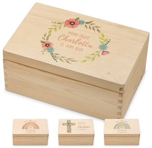 Lilletå ® Erinnerungsbox Taufe (001.09) - Blumenkranz - Erinnerungskiste Baby - Hochwertigem Farbdruck - Kind Erinnerungsbox Holz - Geschenk Geburt Mädchen Junge