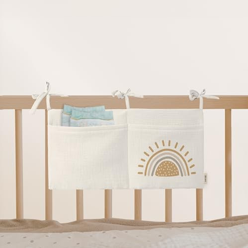 Babybett Aufbewahrungstasche aus 100% Baumwolle Musselin, für das Beistellbett, Babybett, Kinderbett. Ideal zum Verstauen von Windeln, Schnullern (Sunny Rainbow)