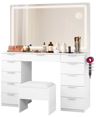 YITAHOME Dressing Table with LED Lights,Glass Top Bedroom Vanity Table with Large Mirror and Stool,Vanity Desk with 11 Drawers,White