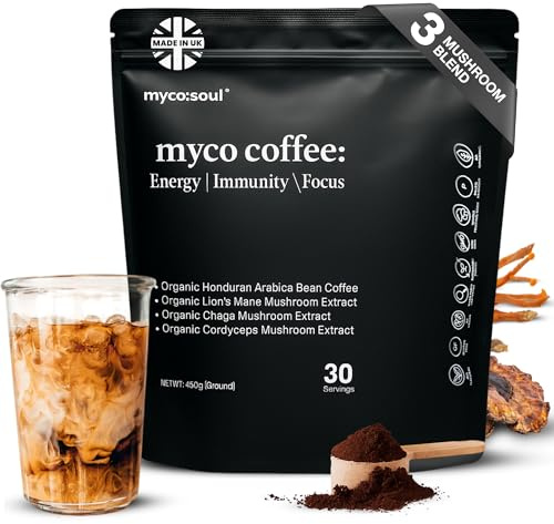 myco:soul Organic Mushroom Coffee with Lion’s Mane, Chaga & Cordyceps – Ground Mushroom Coffee – Organic FairTrade Arabica for Focus, Energy & Clarity – Smooth Dark Roast, 30 Servings