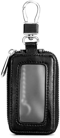 Amexo Auto Schlüsseletui Leder Autoschlüssel Tasche Tragbares Auto Schlüsseltasche Transparentes Fenster Autoschlüsselhülle Autoschlüsselhalter mit Metallhaken Reißverschluss für Männer und Frauen
