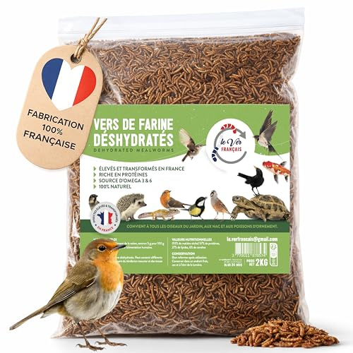 LE VER FRANÇAIS Vers de Farine Pour Poules 5kg - Élevés Et Séchés en France - Riche en Protéines 55% - Nourriture 100% Naturelle pour Oiseaux, Hamster et Reptiles - Complément Alimentaire Animaux