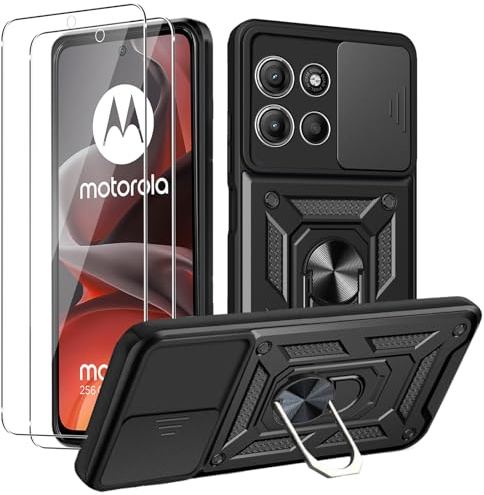 MEMELOKA Funda para Motorola Moto G15/Moto G17 + Cristal Templado, Armor Carcasa Militar Antiarañazos con 360° Soporte de Anillo, Antigolpes Carcasa con Cubierta de Cámara Deslizante, Negro