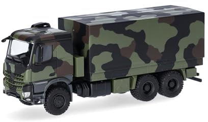 Herpa LKW Modell Mercedes-Benz Arocs 6x6 Pritsche/Plane, dekoriert, Miniatur im Maßstab 1:87, Sammlerstück, Made in Germany, Kunststoff, Camouflage